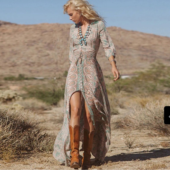 Bohemian Print V-neck Tassel Button Front Chiffon Dress New With Tags Size Small - Picture 1 of 11